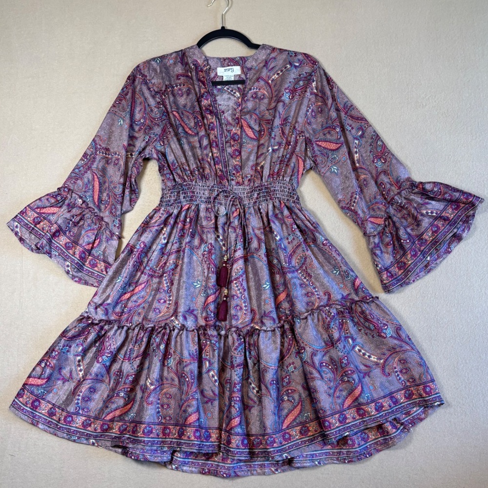 Zury Silk Blend Paisley Mini Dress Purple Boho Bell Sleeve Smocked One Size